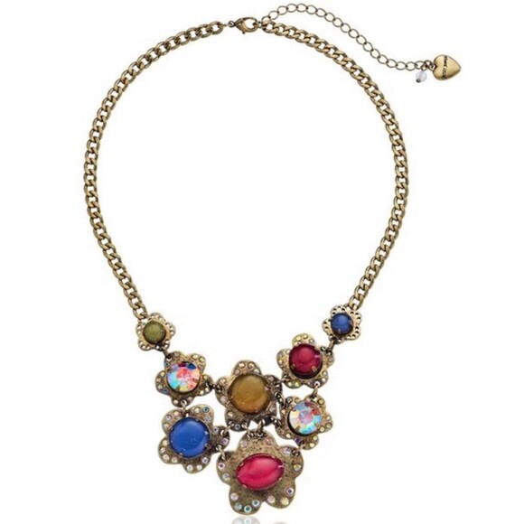 Betsey Johnson Woodland Antique Gold Tone Metal Multi Colored Stone Bob Necklace - Picture 1 of 9